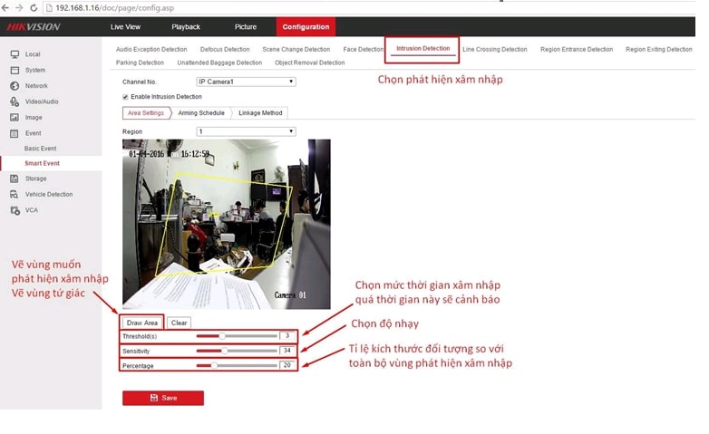 Cài đặt ghi hình phát hiện xâm nhập trên đầu ghi IP Hikvision
