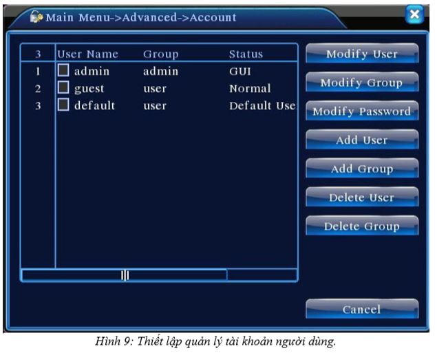 Quản lý người dùng trên đầu ghi hình AHD Vantech