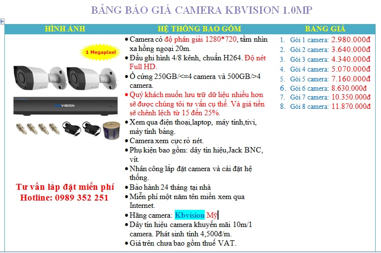 Báo giá lắp đặt camera Kbvision trọn gói